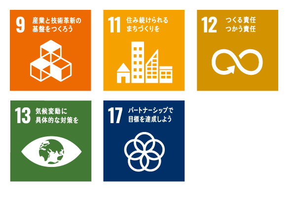 9 産業と技術革新の基礎をつくろう 11 住み続けられるまちづくりを 12 つくる責任使う責任 13 気候変動に具体的な対策を 17 パートナーシップで目標を達成しよう